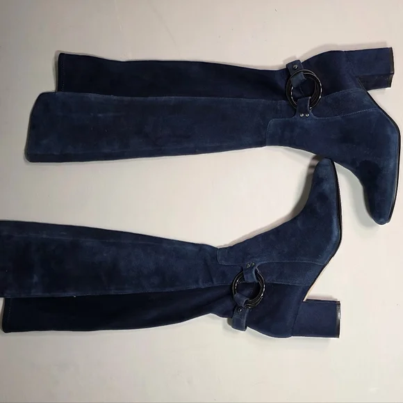Karl Lagerfeld Navy Suede  Stretch Knee Boots 7.5M Block Heel - Picture 4 of 15